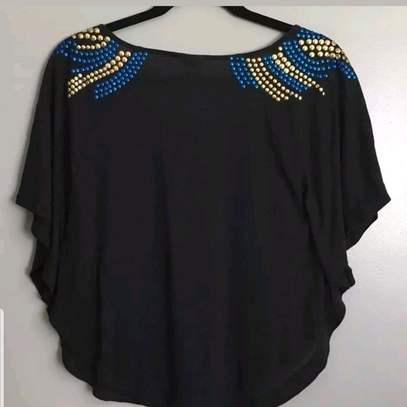Free People Black Blue Gold Studded Blouse Small - Picture 2 of 5